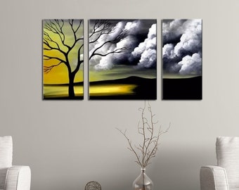 Pintura abstracta de paisaje de árbol: arte acrílico amarillo grisáceo