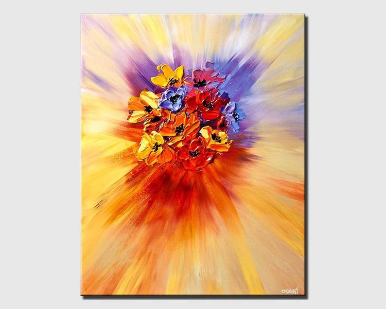 May include: Abstract painting of a bouquet of red, orange, and purple flowers with yellow centers. The flowers are painted in a loose, impressionistic style and are surrounded by a burst of yellow and orange light.