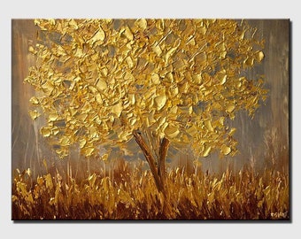 Gold Tree Painting: Textured Abstract Acrylic Art on Canvas