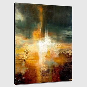 May include: Abstract painting with a textured surface. The painting features a mix of dark green, brown, orange, and white colours. The colours are blended together to create a sense of depth and movement.
