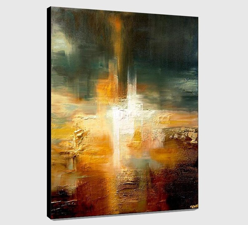 May include: Abstract painting with a textured surface. The painting features a mix of dark green, brown, orange, and white colours. The colours are blended together to create a sense of depth and movement.