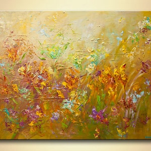 May include: Abstract painting of a field of flowers in shades of yellow, orange, green, purple, and blue. The flowers are painted with thick, textured strokes, creating a sense of depth and movement.