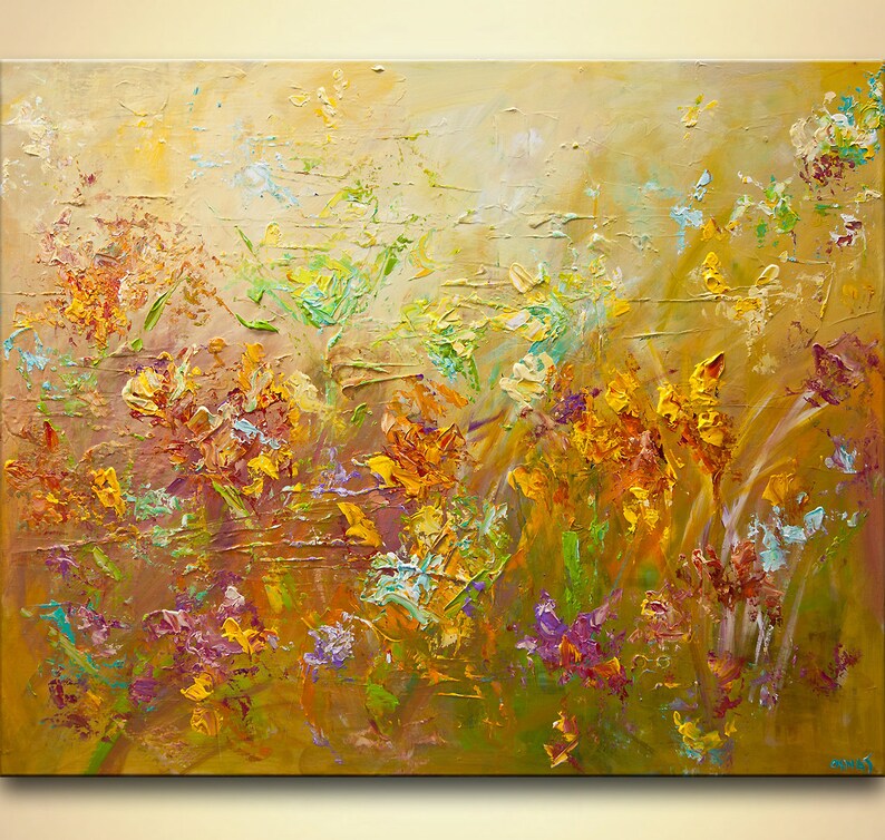 May include: Abstract painting of a field of flowers in shades of yellow, orange, green, purple, and blue. The flowers are painted with thick, textured strokes, creating a sense of depth and movement.