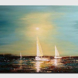May include: A painting of a seascape with sailboats on a calm, blue-green ocean. The sun is shining brightly in the sky, casting a golden glow on the water. The sailboats are white and have their sails up, catching the wind.