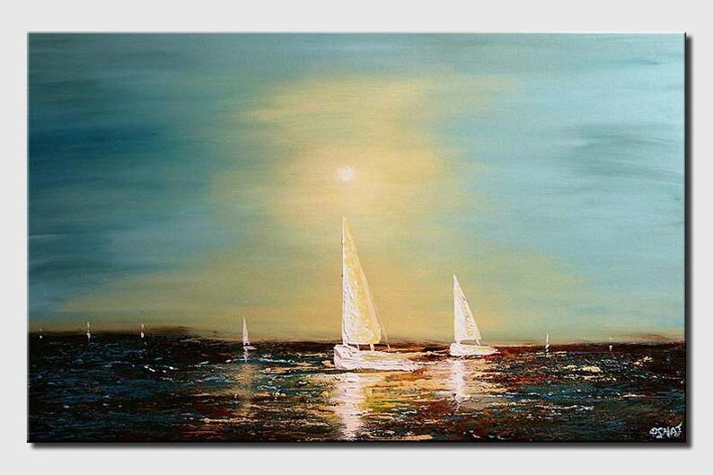 May include: A painting of a seascape with sailboats on a calm, blue-green ocean. The sun is shining brightly in the sky, casting a golden glow on the water. The sailboats are white and have their sails up, catching the wind.