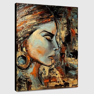 May include: Abstract painting of a woman's face with a large earring. The painting is done in a palette of blues, browns, and golds. The woman's face is in profile, and her eyes are closed. The background is a textured abstract design.
