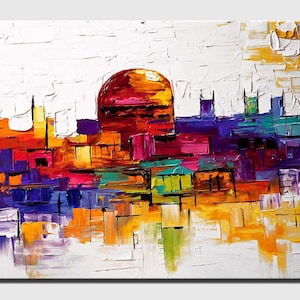 May include: Abstract painting of a cityscape with a large orange sun in the background. The painting is done in a variety of colors, including red, orange, yellow, green, blue, and purple. The cityscape is made up of many different shapes and sizes, and the sun is a large, round shape.