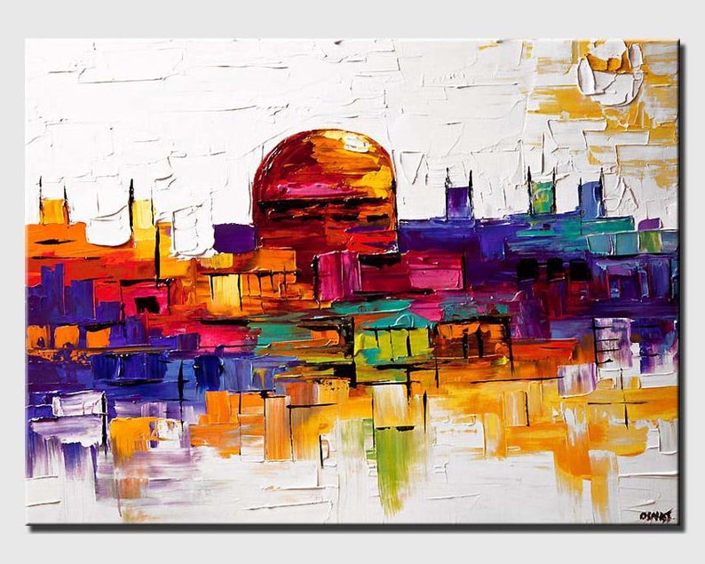 May include: Abstract painting of a cityscape with a large orange sun in the background. The painting is done in a variety of colors, including red, orange, yellow, green, blue, and purple. The cityscape is made up of many different shapes and sizes, and the sun is a large, round shape.