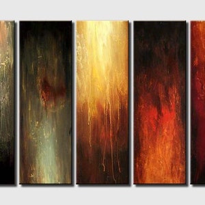 May include: Abstract art piece composed of five vertical panels. Each panel features a unique blend of colors, ranging from deep greens and browns to vibrant oranges and reds, with dripping paint effects.