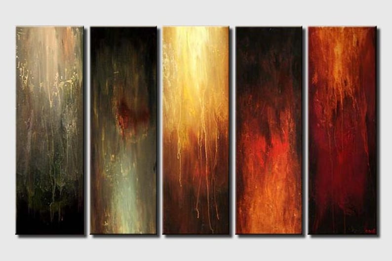 May include: Abstract art piece composed of five vertical panels. Each panel features a unique blend of colors, ranging from deep greens and browns to vibrant oranges and reds, with dripping paint effects.