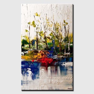 May include: Abstract painting of a landscape with trees and a river. The painting is done in a variety of colors, including blue, green, yellow, red, and white. The paint is applied in thick strokes, creating a textured effect.