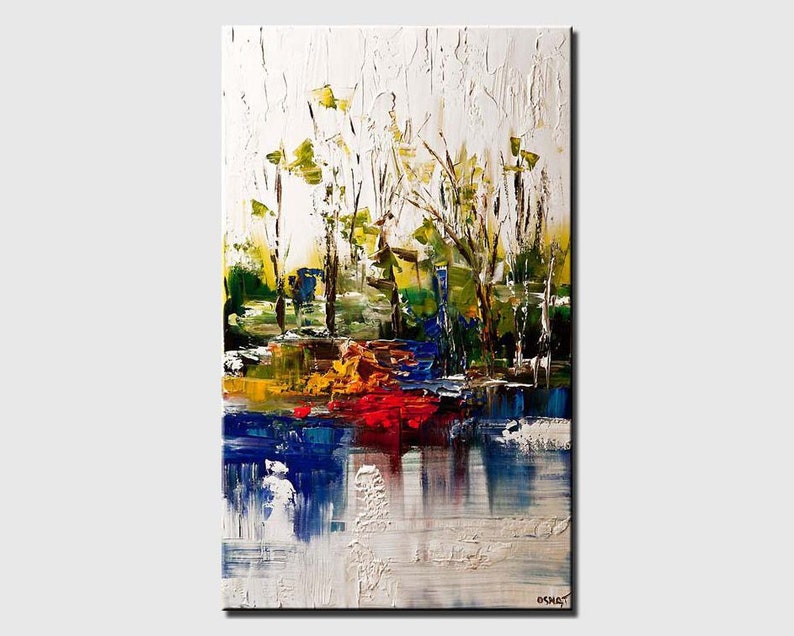 May include: Abstract painting of a landscape with trees and a river. The painting is done in a variety of colors, including blue, green, yellow, red, and white. The paint is applied in thick strokes, creating a textured effect.