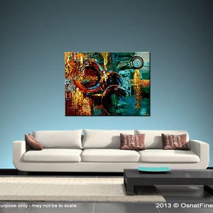 May include: Abstract painting with a mix of blue, green, brown, and gold colors. The painting features overlapping circles and geometric shapes.