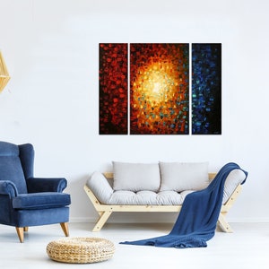 Textured Abstract Canvas Art: Blue, Red, and Gold Triptych - Modern Wall Decor
