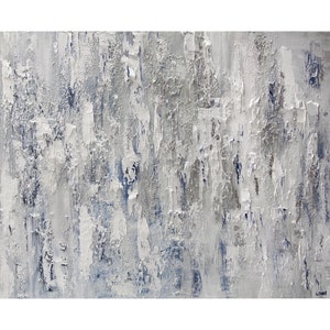 May include: Abstract painting with a textured, layered look. The painting is primarily white with shades of gray and blue. The paint is applied in thick strokes, creating a sense of depth and movement.