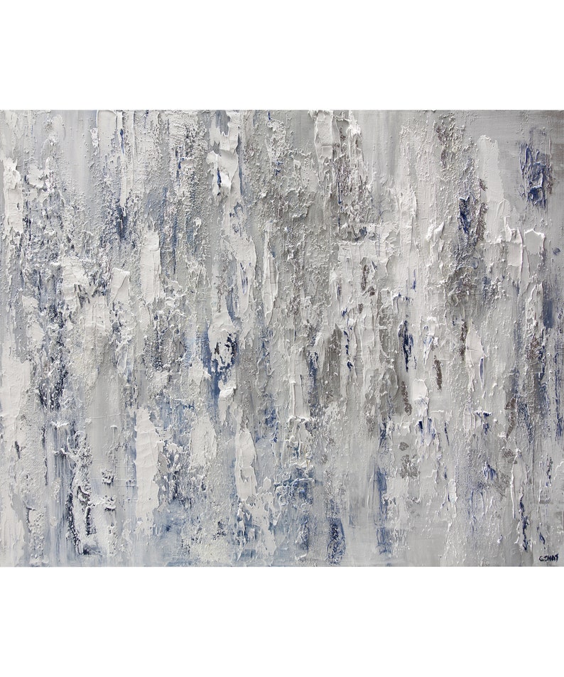 May include: Abstract painting with a textured, layered look. The painting is primarily white with shades of gray and blue. The paint is applied in thick strokes, creating a sense of depth and movement.