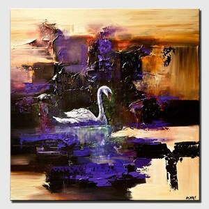 May include: Abstract painting of a white swan in a purple and brown landscape. The swan is in the center of the painting and is surrounded by abstract shapes and colors.