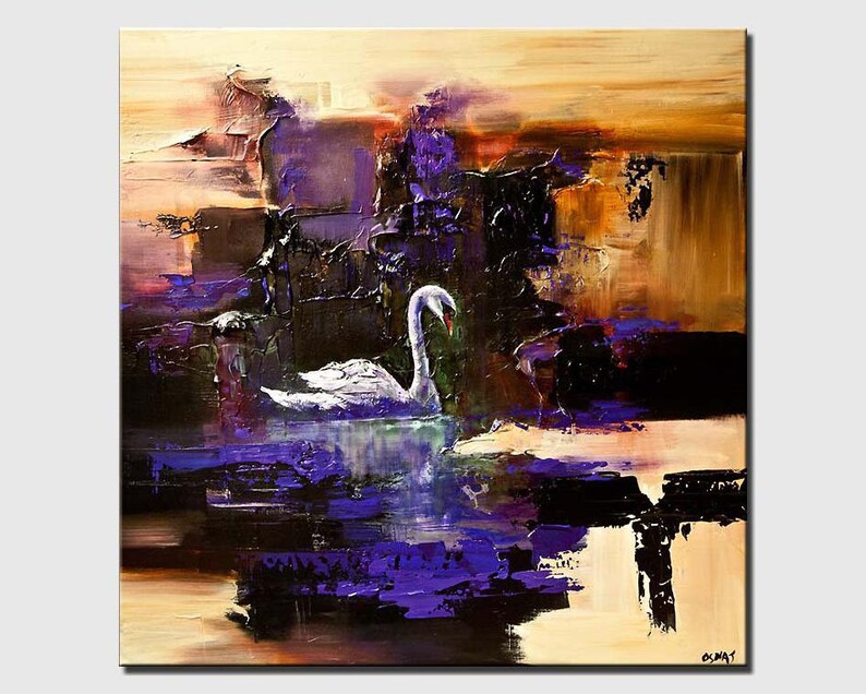 May include: Abstract painting of a white swan in a purple and brown landscape. The swan is in the center of the painting and is surrounded by abstract shapes and colors.