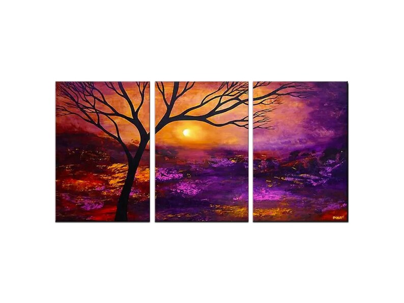 May include: A three-panel abstract painting depicting a silhouette of a tree against a sunset backdrop. The sky is a vibrant mix of purple, orange, and yellow hues, with hints of pink and red. The tree is centered in the middle panel, with its branches extending into the other two panels.