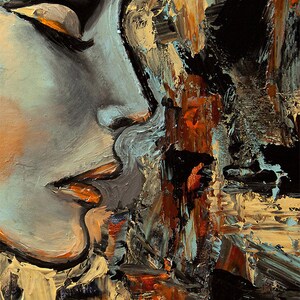 May include: Abstract painting of a face with a blue and gray color scheme. The face is partially obscured by a background of brown, black, and orange paint.