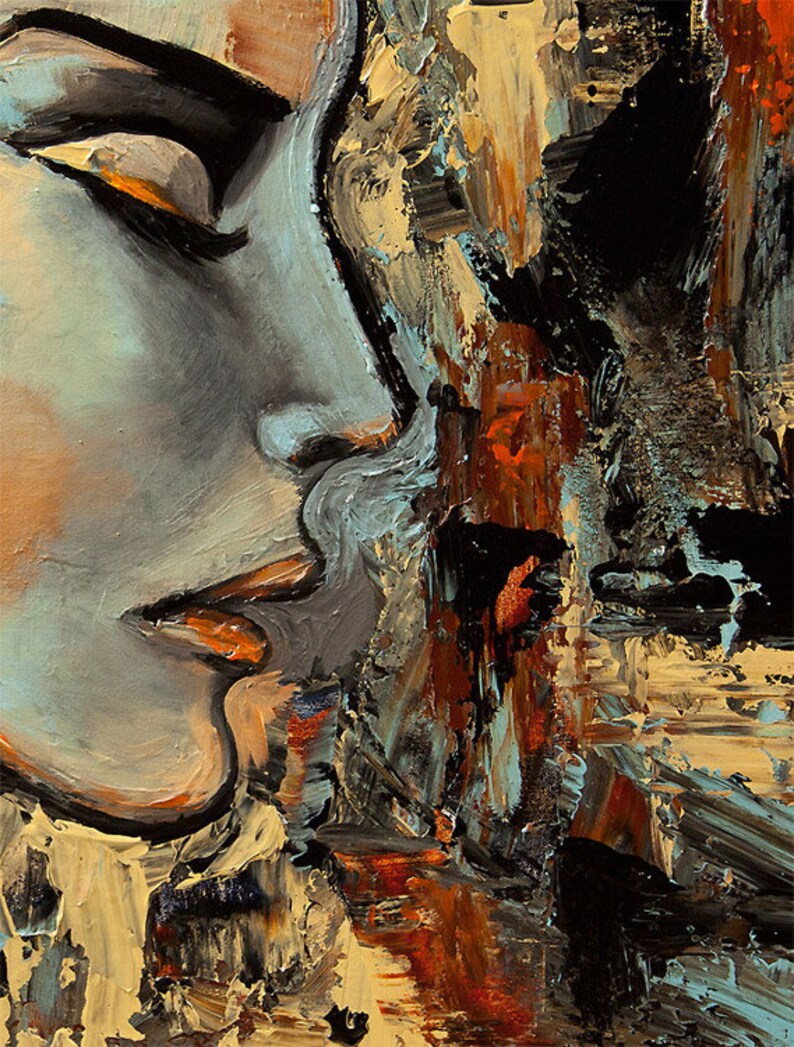 May include: Abstract painting of a face with a blue and gray color scheme. The face is partially obscured by a background of brown, black, and orange paint.