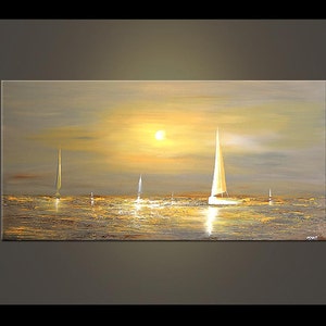 May include: A painting of a sunset over the ocean with sailboats in the water. The sky is a soft yellow and orange, and the water is a shimmering gold. The sailboats are white and have a minimalist design.