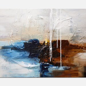 May include: Abstract painting with blue, brown, and white paint. The paint is applied in thick layers, creating a textured surface. The painting has a modern and abstract style.