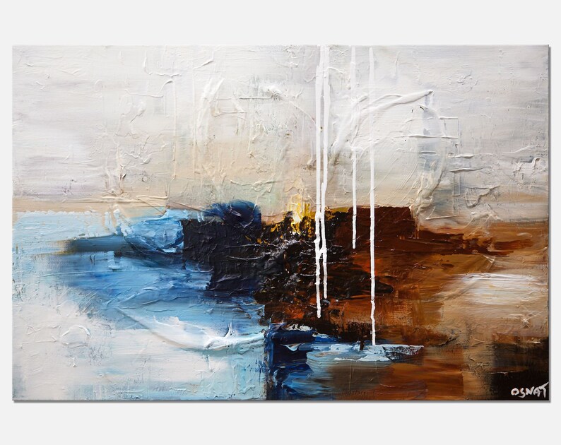 May include: Abstract painting with blue, brown, and white paint. The paint is applied in thick layers, creating a textured surface. The painting has a modern and abstract style.