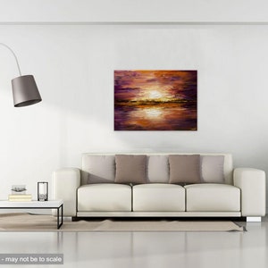 May include: A painting of a sunset over a body of water. The sky is a mix of purple, orange, and pink, with a bright yellow sun in the center. The water is a dark blue, reflecting the colors of the sky.