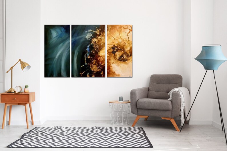 May include: A three-piece abstract art print set featuring a blue and green swirl on the left, a brown and gold swirl in the center, and a brown and gold swirl on the right.
