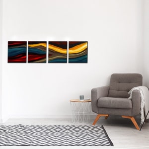 May include: A four-piece abstract art print set featuring a colorful, wavy design in shades of blue, red, yellow, and brown. The prints are framed in black and hung on a white wall in a living room setting.