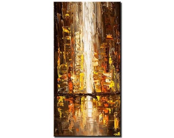 Textured City Painting on Canvas: Earth Tone Abstract Wall Art