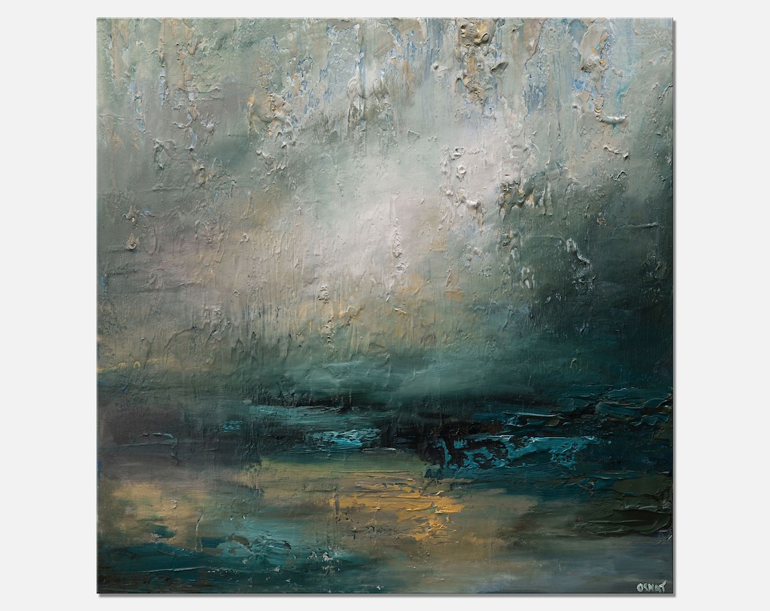 Teal Gold Abstract Landscape Painting Original Textured Abstract Teal