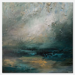 Teal Gold Abstract landscape Painting original Textured abstract teal gold wall art Modern square canvas painting for living room CUSTOM ART