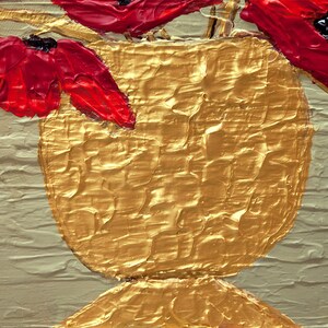 May include: A close-up of a gold vase with red poppies. The vase is textured and the poppies are painted with thick strokes.