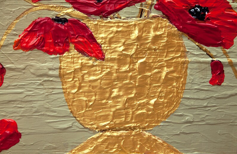 May include: A close-up of a gold vase with red poppies. The vase is textured and the poppies are painted with thick strokes.