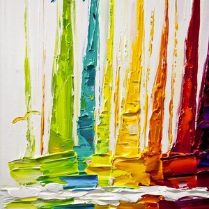 May include: Abstract painting of colorful sailboats with a white background. The sailboats are painted in shades of green, blue, yellow, orange, and red. The painting has a textured look, as if it were painted with thick brushstrokes.