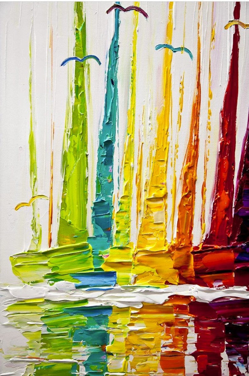 May include: Abstract painting of colorful sailboats with a white background. The sailboats are painted in shades of green, blue, yellow, orange, and red. The painting has a textured look, as if it were painted with thick brushstrokes.