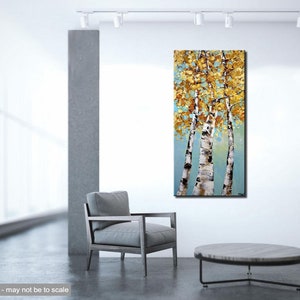 May include: Abstract painting of three birch trees with golden leaves against a blue sky background.