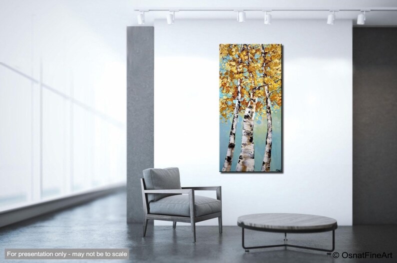 May include: Abstract painting of three birch trees with golden leaves against a blue sky background.
