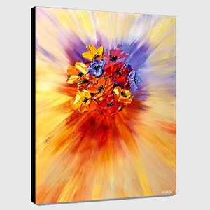 May include: A painting of a bouquet of flowers in shades of yellow, orange, red, and purple. The flowers are arranged in a circular shape and are surrounded by a burst of light.