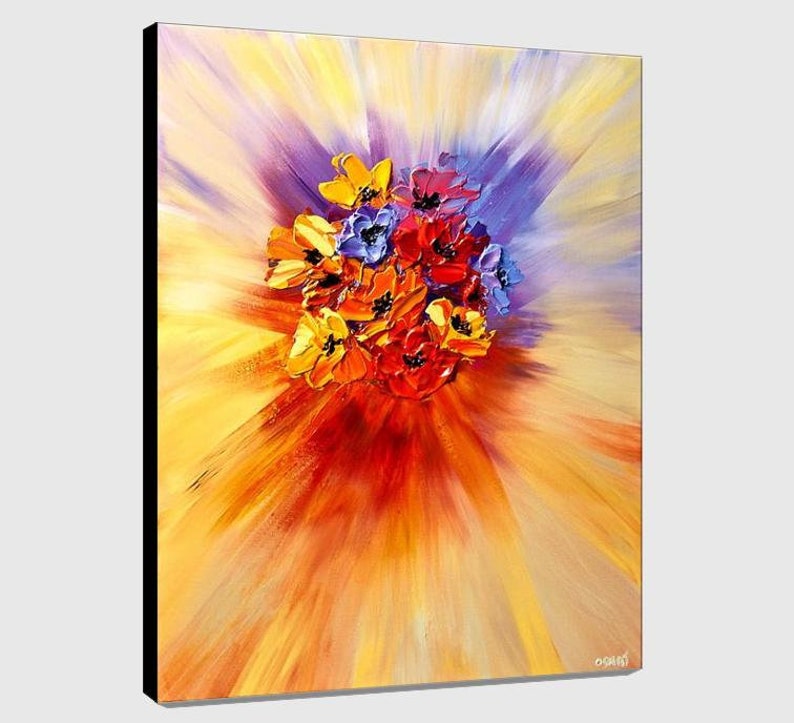 May include: A painting of a bouquet of flowers in shades of yellow, orange, red, and purple. The flowers are arranged in a circular shape and are surrounded by a burst of light.