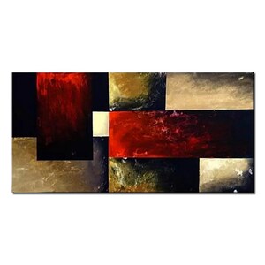 May include: Abstract painting with geometric shapes in shades of red, brown, black, and white.
