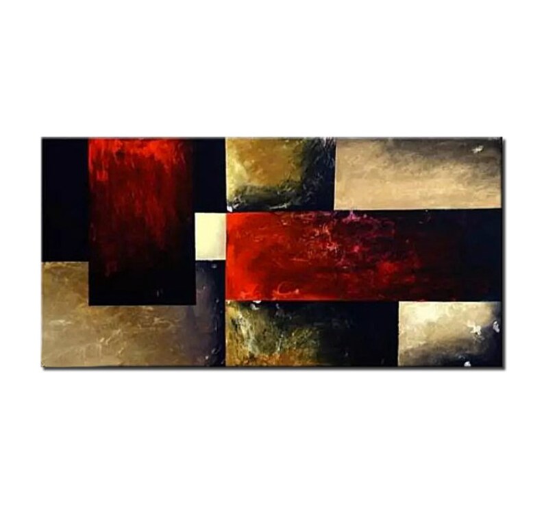 May include: Abstract painting with geometric shapes in shades of red, brown, black, and white.