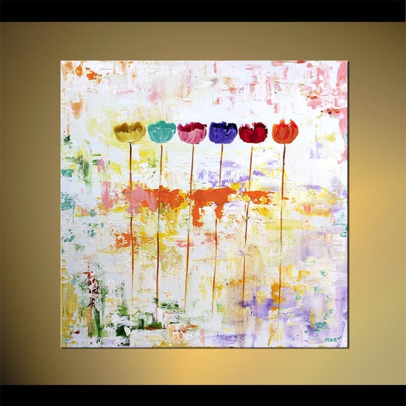 May include: Abstract painting of a row of colourful flowers with yellow, green, pink, purple, red, and orange blooms on a white background.