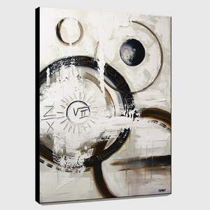 May include: Abstract painting with a white background and black, brown, and gray circles. The painting has a sun-like design in the center with the Roman numeral VII.