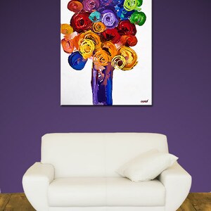 May include: Abstract painting of a colorful flower bouquet in a purple vase on a white background. The flowers are painted in shades of red, orange, yellow, green, blue, and purple.