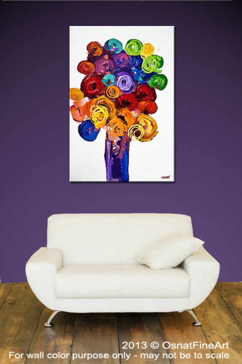 May include: Abstract painting of a colorful flower bouquet in a purple vase on a white background. The flowers are painted in shades of red, orange, yellow, green, blue, and purple.