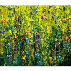 May include: An abstract painting of a vibrant field of flowers. The artwork features a textured impasto technique with a palette of yellow, green, blue, purple, and orange. The flowers are densely packed, creating a sense of depth and movement.