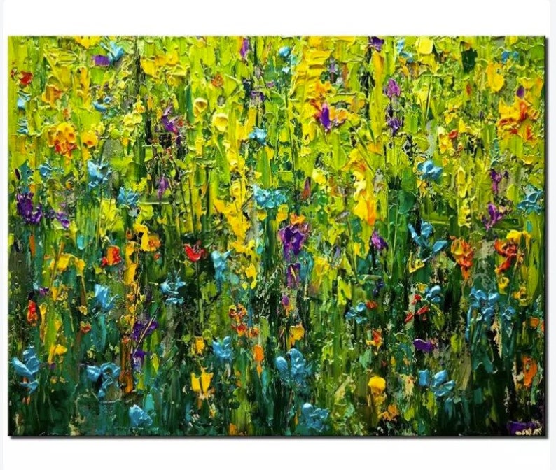 May include: An abstract painting of a vibrant field of flowers. The artwork features a textured impasto technique with a palette of yellow, green, blue, purple, and orange. The flowers are densely packed, creating a sense of depth and movement.